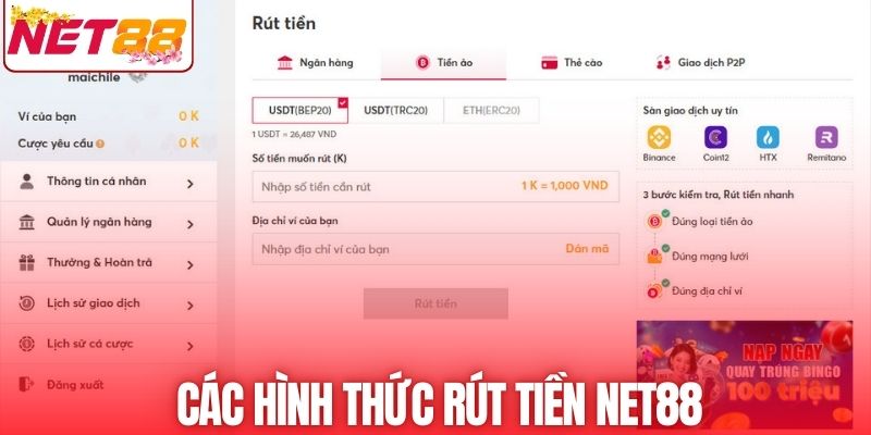 Các hình thức rút vốn tại NET88