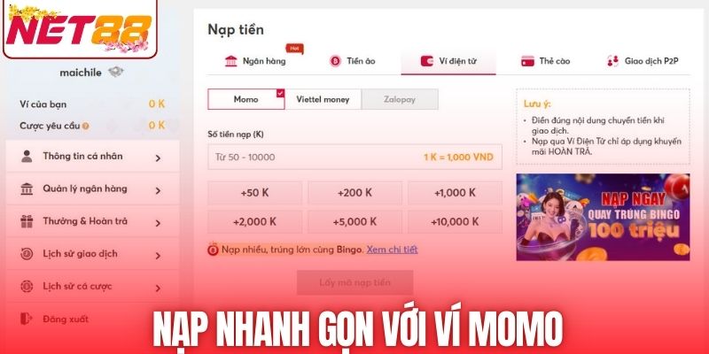 Nạp nhanh gọn qua ví Momo